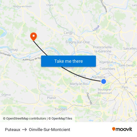 Puteaux to Oinville-Sur-Montcient map