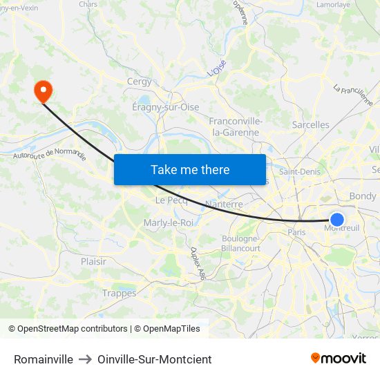 Romainville to Oinville-Sur-Montcient map