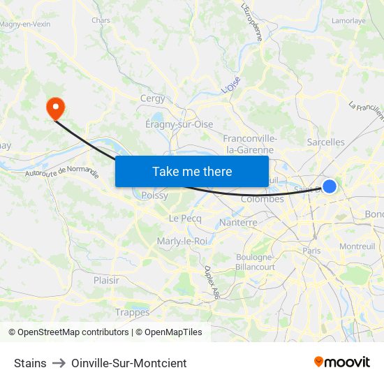 Stains to Oinville-Sur-Montcient map