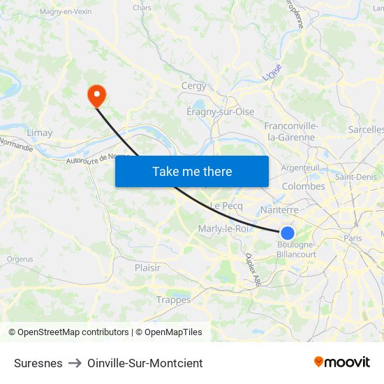 Suresnes to Oinville-Sur-Montcient map