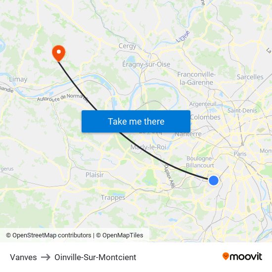 Vanves to Oinville-Sur-Montcient map
