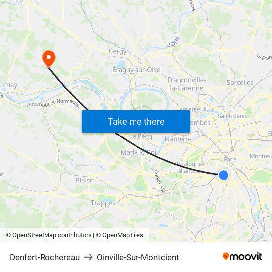 Denfert-Rochereau to Oinville-Sur-Montcient map