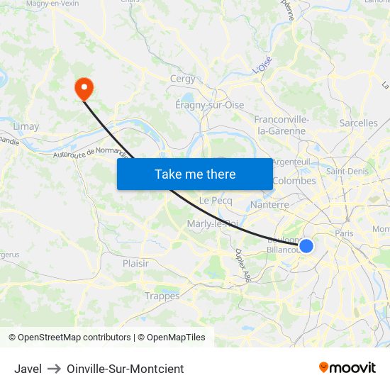 Javel to Oinville-Sur-Montcient map