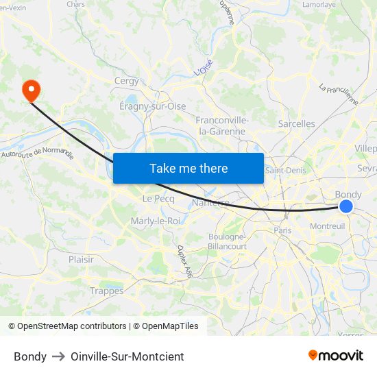 Bondy to Oinville-Sur-Montcient map