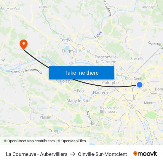 La Courneuve - Aubervilliers to Oinville-Sur-Montcient map