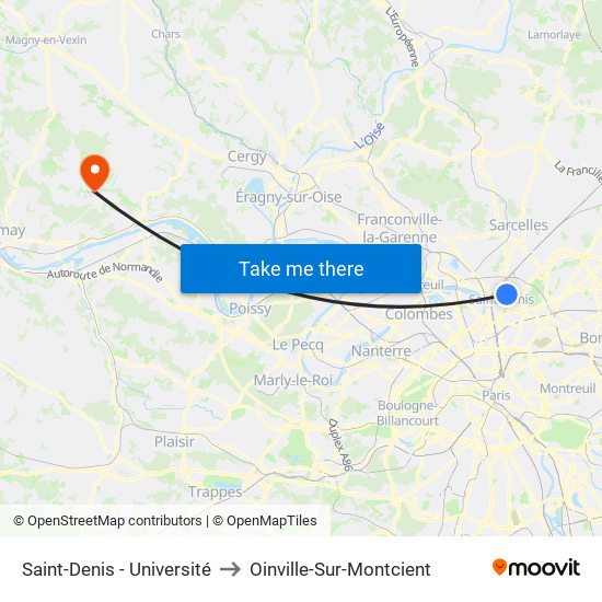 Saint-Denis - Université to Oinville-Sur-Montcient map