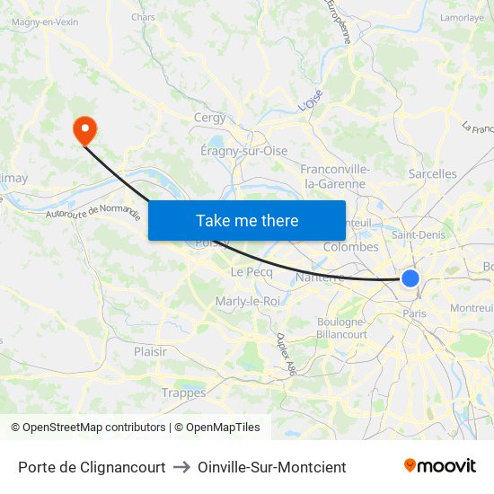 Porte de Clignancourt to Oinville-Sur-Montcient map