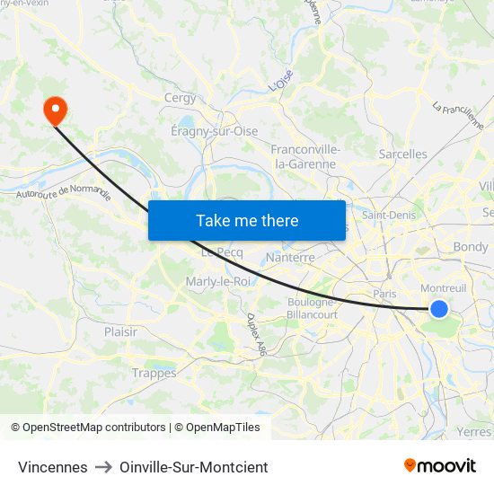 Vincennes to Oinville-Sur-Montcient map