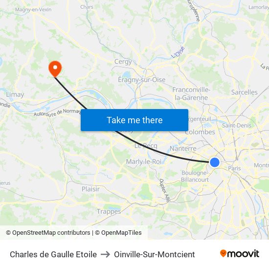 Charles de Gaulle Etoile to Oinville-Sur-Montcient map