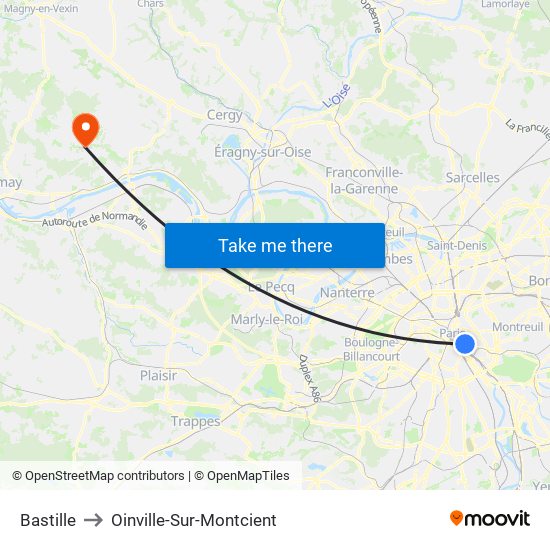 Bastille to Oinville-Sur-Montcient map