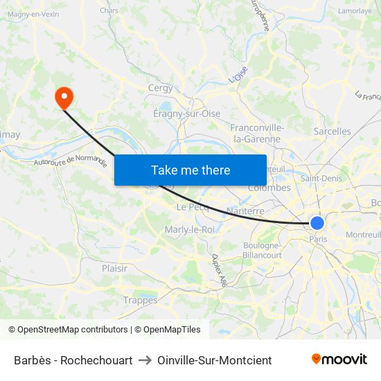 Barbès - Rochechouart to Oinville-Sur-Montcient map