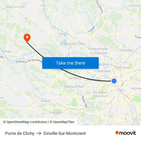 Porte de Clichy to Oinville-Sur-Montcient map