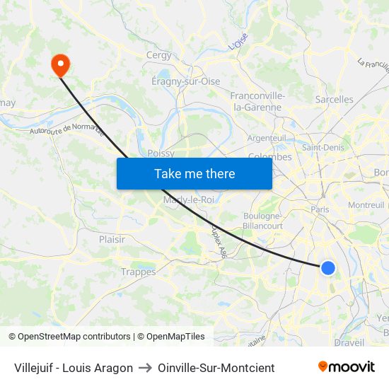 Villejuif - Louis Aragon to Oinville-Sur-Montcient map