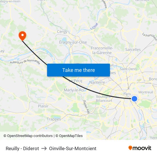 Reuilly - Diderot to Oinville-Sur-Montcient map