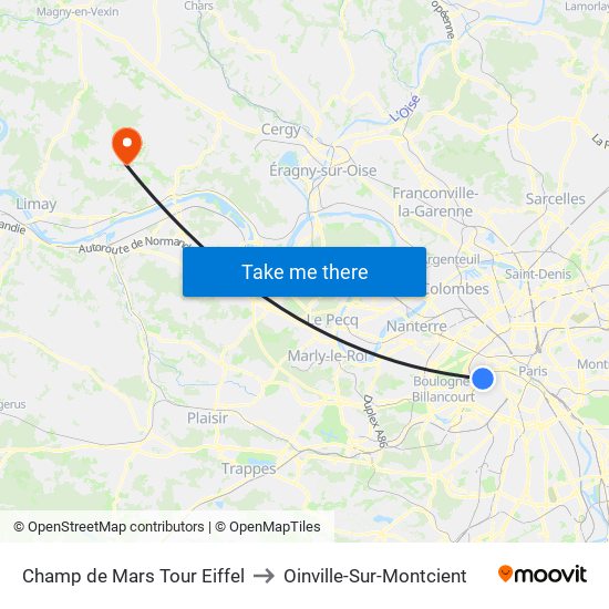 Champ de Mars Tour Eiffel to Oinville-Sur-Montcient map