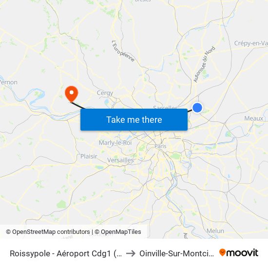 Roissypole - Aéroport Cdg1 (D3) to Oinville-Sur-Montcient map