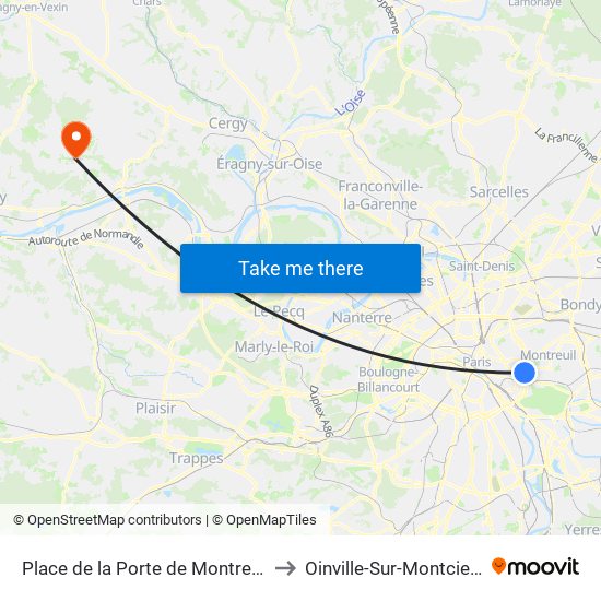 Place de la Porte de Montreuil to Oinville-Sur-Montcient map