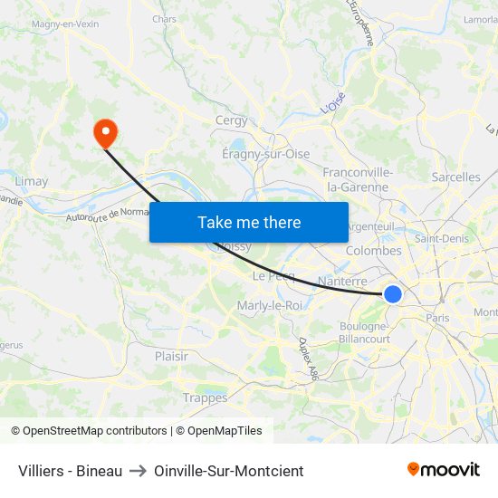 Villiers - Bineau to Oinville-Sur-Montcient map