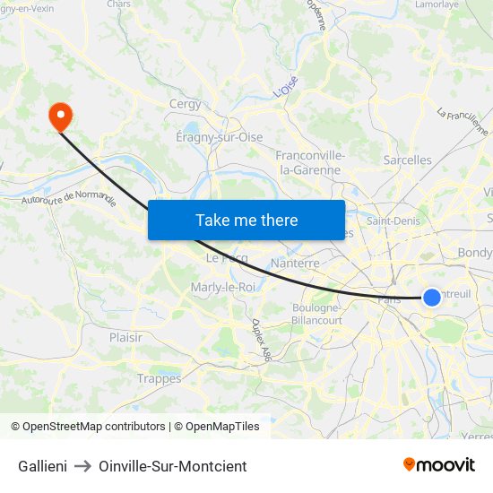 Gallieni to Oinville-Sur-Montcient map