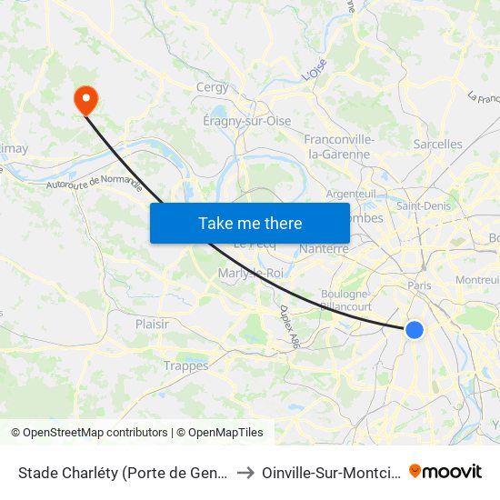 Stade Charléty (Porte de Gentilly) to Oinville-Sur-Montcient map