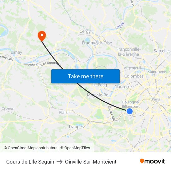 Cours de L'Ile Seguin to Oinville-Sur-Montcient map