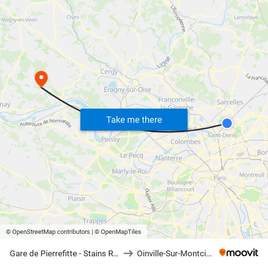 Gare de Pierrefitte - Stains RER to Oinville-Sur-Montcient map