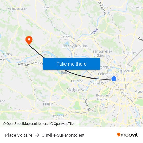 Place Voltaire to Oinville-Sur-Montcient map