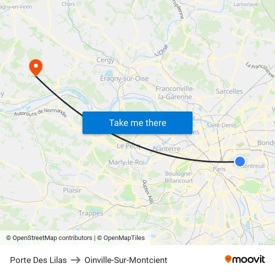 Porte Des Lilas to Oinville-Sur-Montcient map