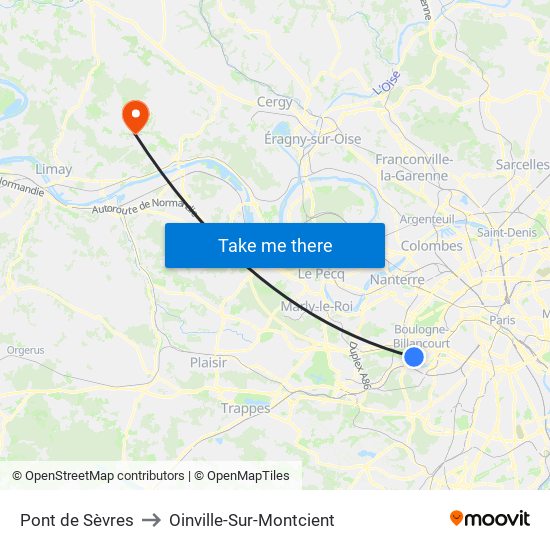 Pont de Sèvres to Oinville-Sur-Montcient map