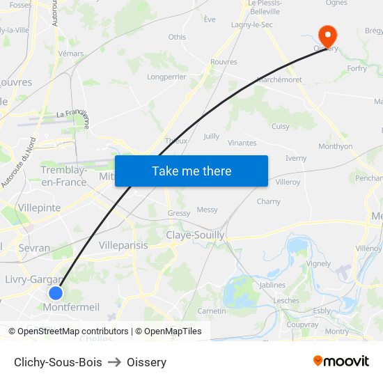 Clichy-Sous-Bois to Oissery map