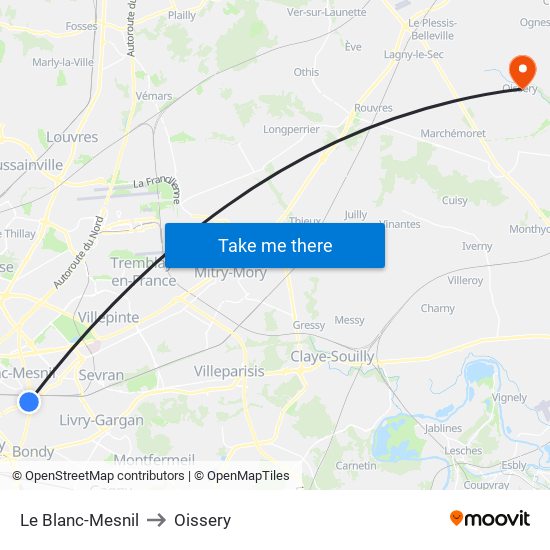 Le Blanc-Mesnil to Oissery map