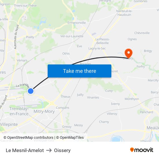 Le Mesnil-Amelot to Oissery map