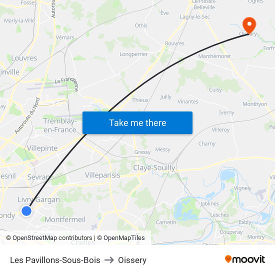 Les Pavillons-Sous-Bois to Oissery map