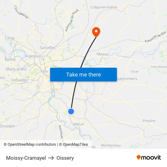 Moissy-Cramayel to Oissery map