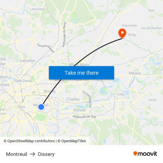 Montreuil to Oissery map