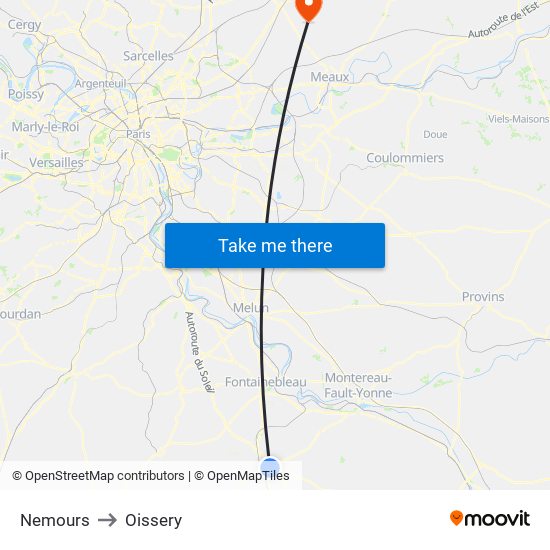 Nemours to Oissery map