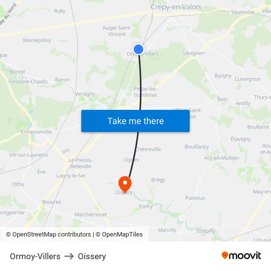 Ormoy-Villers to Oissery map