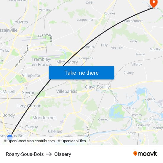 Rosny-Sous-Bois to Oissery map