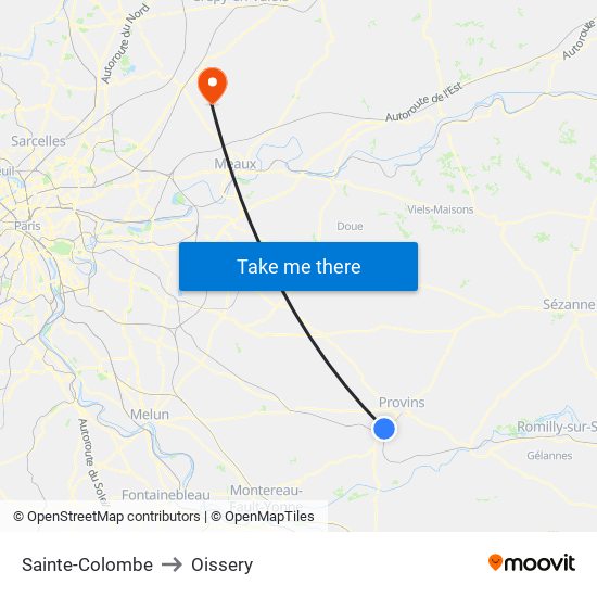 Sainte-Colombe to Oissery map