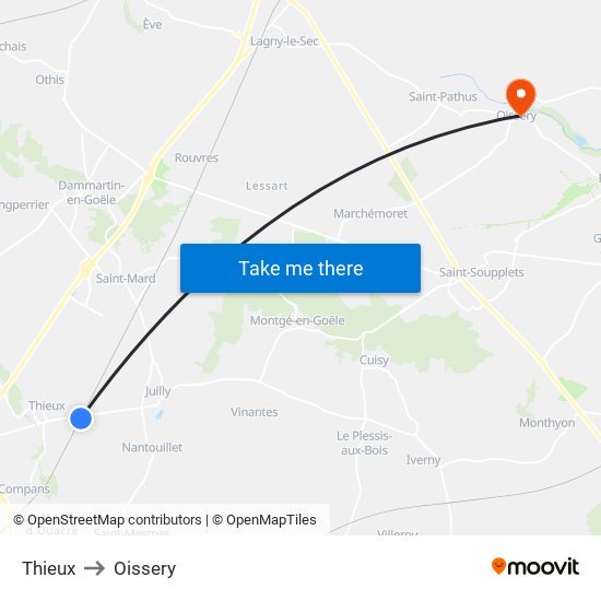 Thieux to Oissery map