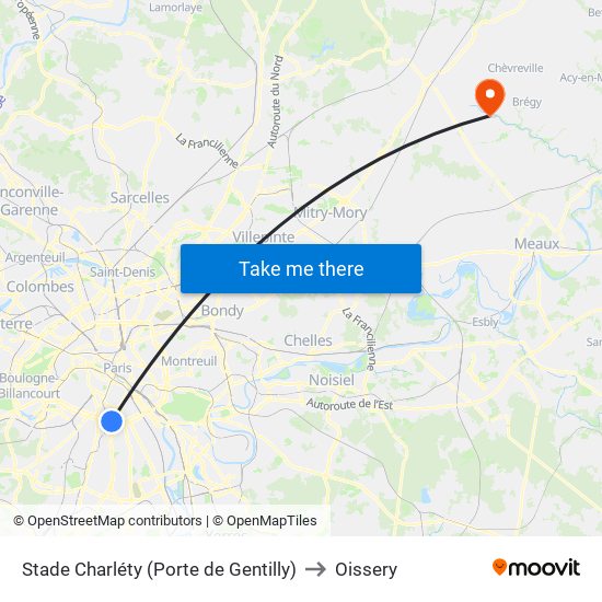 Stade Charléty (Porte de Gentilly) to Oissery map