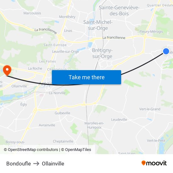 Bondoufle to Ollainville map