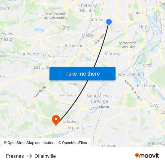 Fresnes to Ollainville map