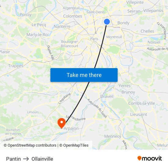 Pantin to Ollainville map