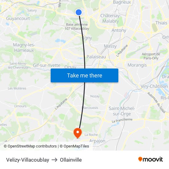 Velizy-Villacoublay to Ollainville map