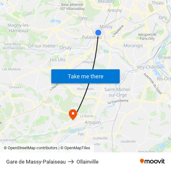 Gare de Massy-Palaiseau to Ollainville map
