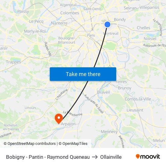 Bobigny - Pantin - Raymond Queneau to Ollainville map