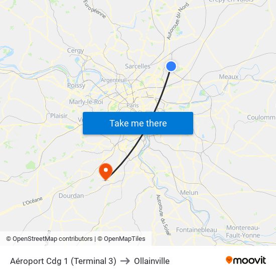 Aéroport Cdg 1 (Terminal 3) to Ollainville map