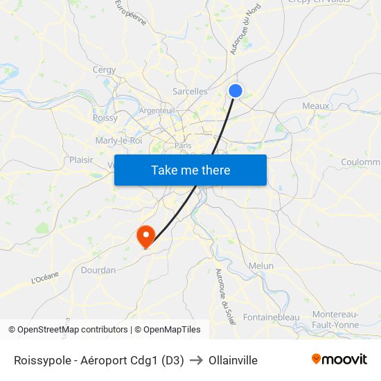 Roissypole - Aéroport Cdg1 (D3) to Ollainville map