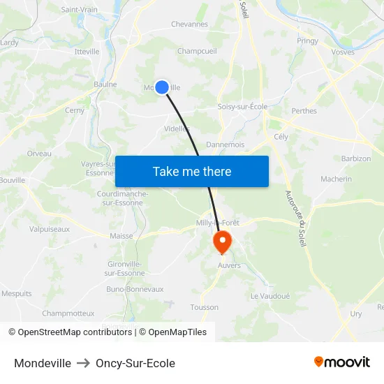 Mondeville to Oncy-Sur-Ecole map